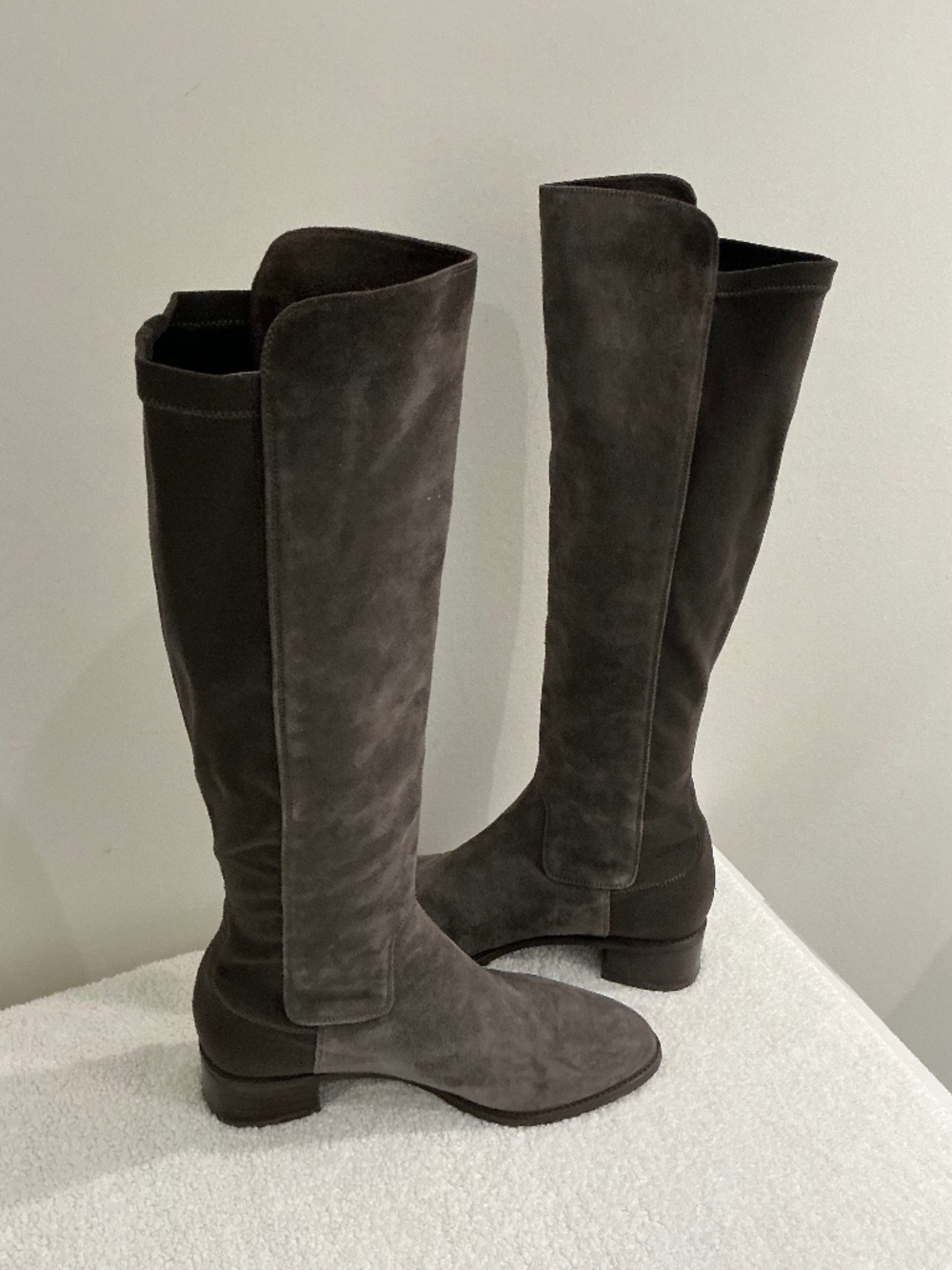 Listing Title: Stuart Weitzman Dark Grey Suede Stretch Knee High Boots 8M - EUC